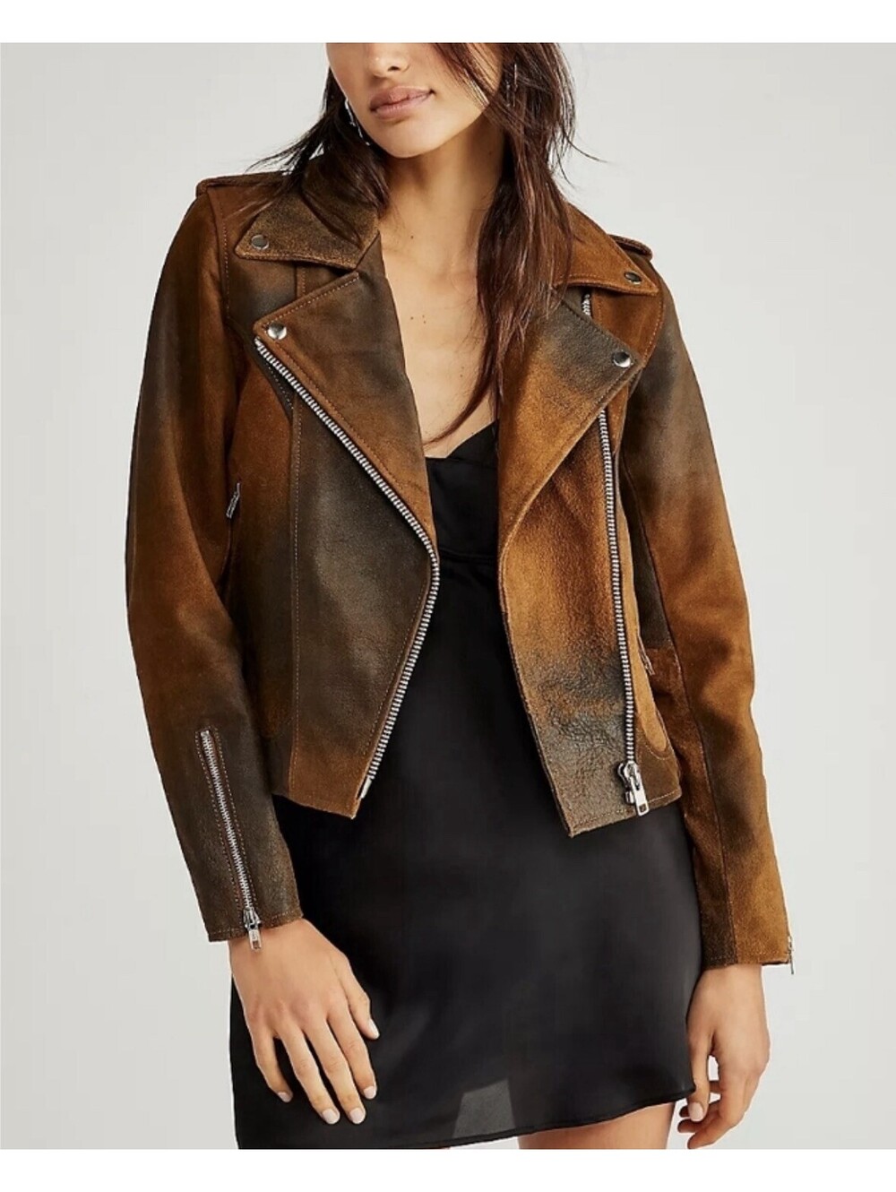 Understated Womens Genuine Leather Suede Biker Jacket Brown Buckle Size L